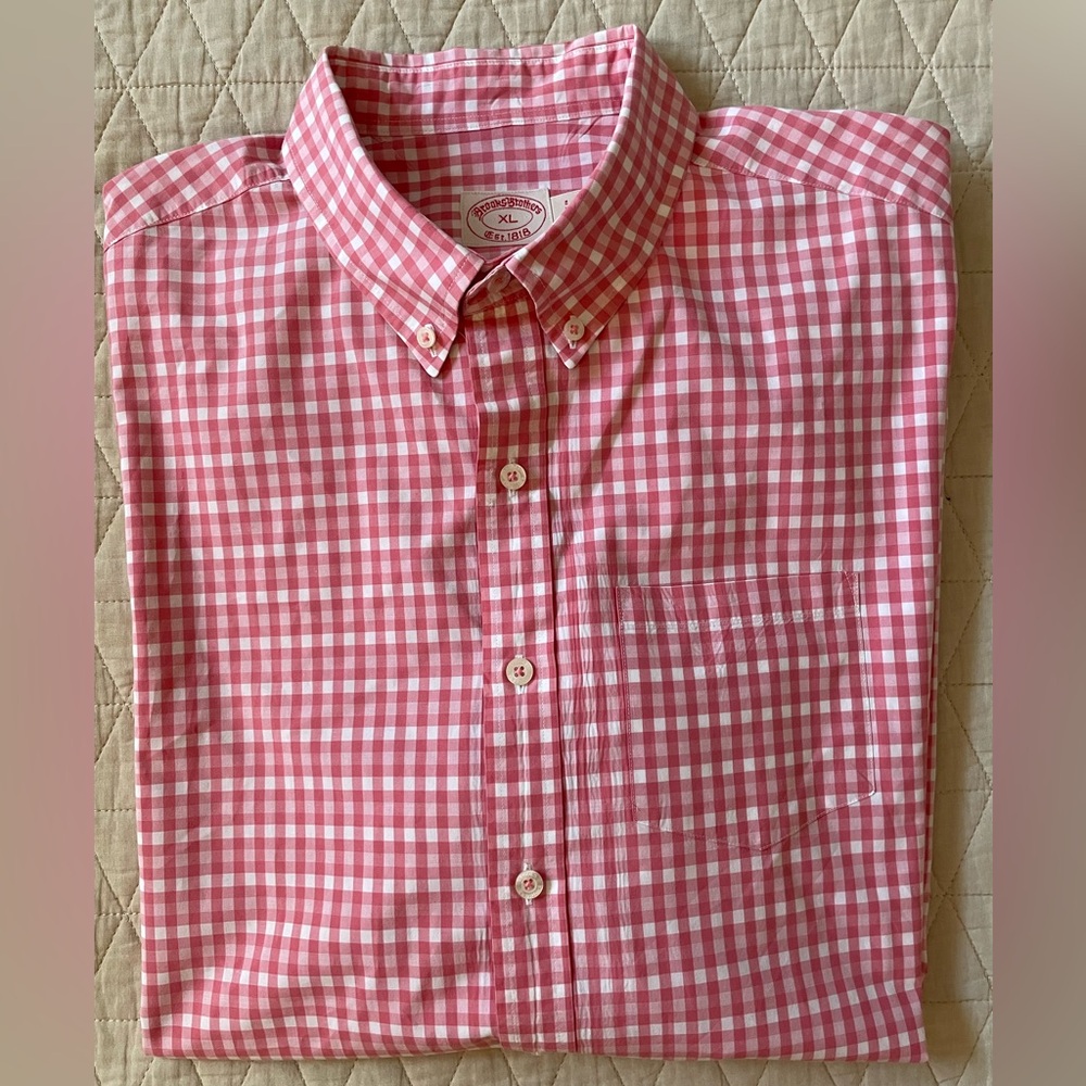 Brooks Brothers Check Print Button Down Sleeve Keeper Sport Shirt in Pink XL